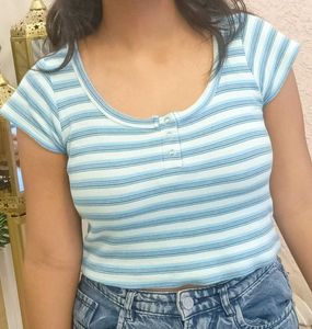 Blue Striped Cropped Henley Top