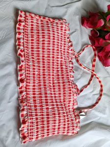 Red Gingham Smocked Bikini Top