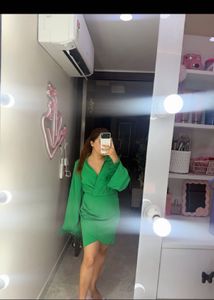 Feather Trimmed Emerald Green Wrap Dress