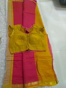 Vibrant Pink &amp; Yellow Saree with stich blouse