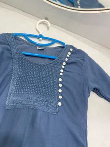 Stylish Denim Blue Kurti – Embroidered Front