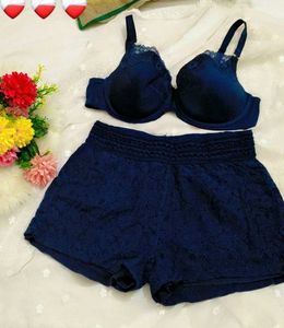 Elegant Blue Lace Trim Bra with shorts
