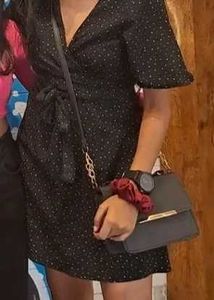 Black Polka Dot Front-Tie Mini Dress / Tunic Top