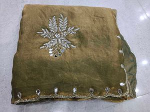 Elegant Olive Green Embroidered Saree