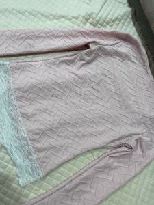 Pink Textured Long Sleeve Top with Lace Trim