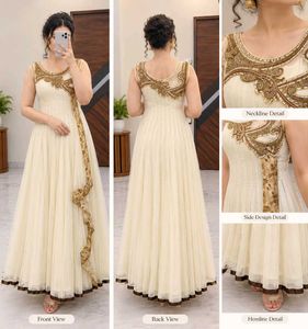 Elegant Cream Anarkali Suit with Golden Embroidery