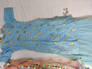 Sky Blue Embroidered Kurti And Skirt Set