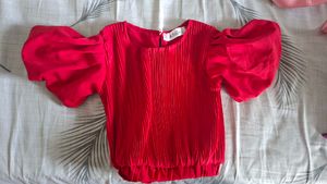 Red Pleated Top with Puff Sleeves