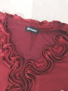 Elegant Red Ruffled Neckline Dress