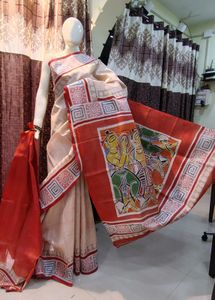 Brand New Cream & Red Hand-Painted Saree