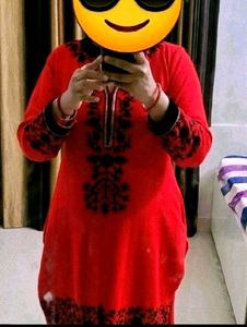 Vibrant Red Woollen Kurta with Black Embroidery