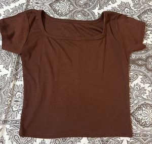 Brown Square Neck Ribbed Crop Top