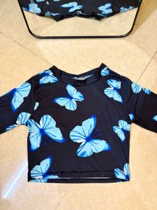 Blue Butterfly Print Crop Top