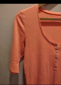 Coral Henley Top with Buttons