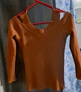 Brown Ribbed Cold Shoulder Top
