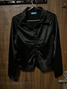 Elegant Black Satin Button-Up Ruched Shirt