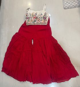 Red Sharara Set with Embroidered Crop Top