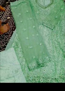 semi stitched Elegant Mint Green Kurta Set