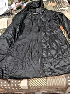 Hooded light leather jacket and winter dress