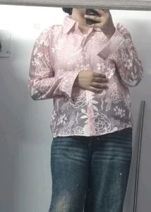 Chic Pink Floral Sheer Button-Up Shirt
