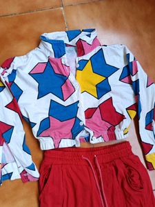 Star Print Cropped Jacket &amp; Red Palazzo Set