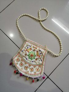Embroidered Pouch with Beaded Strap