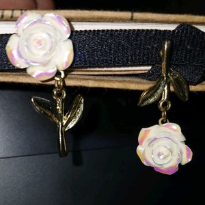 Iridescent White Rose Asymmetric Drop Earrings