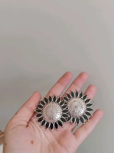 Designer Black & Silver Floral Earrings