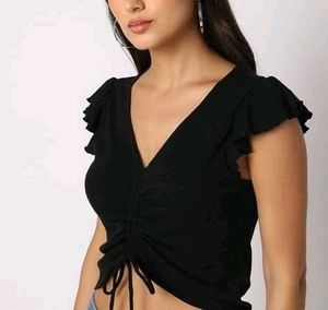 ZARA Black Ruched V-Neck Top with Ruffle Sleeves