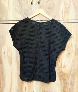 Chic Black Eyelet Pocket Top Size-36