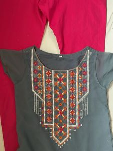 Grey and Pink Embroidered Kurta Set