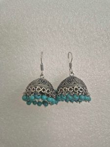 Silver Jhumka Earrings with Blue Beads - Unused