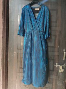 Stunning Blue Metallic Pleated Dress in offer pric