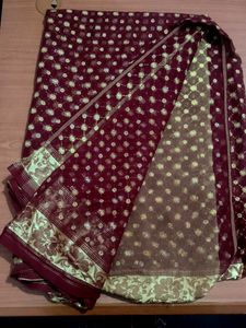 Elegant Burgundy Saree with Golden Floral Border