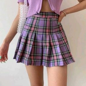 Purple Plaid Pleated Mini Skirt