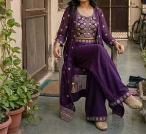 Elegant Purple Embroidered shrug set