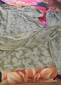 Olive Green Printed Kurta Set with Dupatta