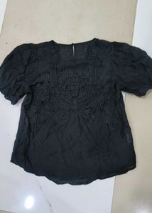 Black Lace Detail Puff Sleeve Top