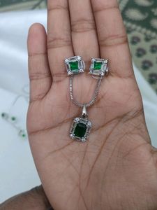 American Diamond Silver Green Pendant Set