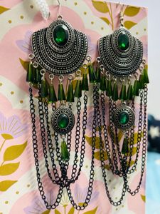 Green Stone Ethnic Dangle Earrings