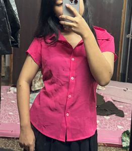 Hot pink Short-Sleeve Button-Up Top