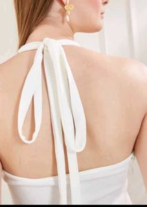 White Ribbed Halter Neck Button-Up Top