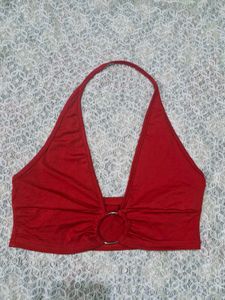 Red Halter Neck Ring Detail Top