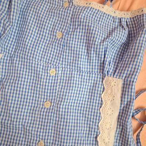 Blue Gingham Crop Top with Lace