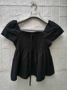 Korean Chic Black Puff Sleeve Square Neck Top