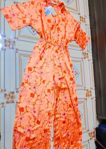 (Mango)Floral Printed Satin Jumpsuit