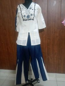 Elegant White Kurta with Blue Palazzo