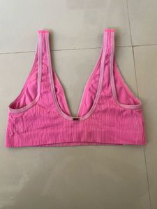 Pink Ribbed V-Neck Sports Bra