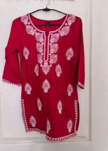 Embroidered Red Cotton Kurta