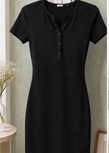 Classic Black Henley Neck Mini Dress